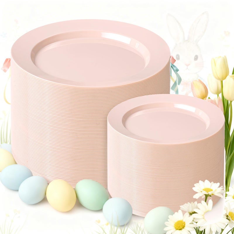 FLOWERCAT 200PCS Pink Plastic Plates Disposable Plates for Party - Heavy Duty Plastic Plates - 100 10" Pink Dinner Plates and 100 7" Pink Salad Plates for Weddings, Easter Parties,Mother's Day - Image 1