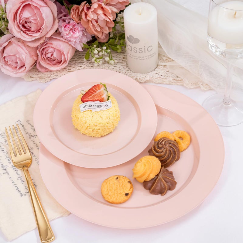 FLOWERCAT 200PCS Pink Plastic Plates Disposable Plates for Party - Heavy Duty Plastic Plates - 100 10" Pink Dinner Plates and 100 7" Pink Salad Plates for Weddings, Easter Parties,Mother's Day - Image 4