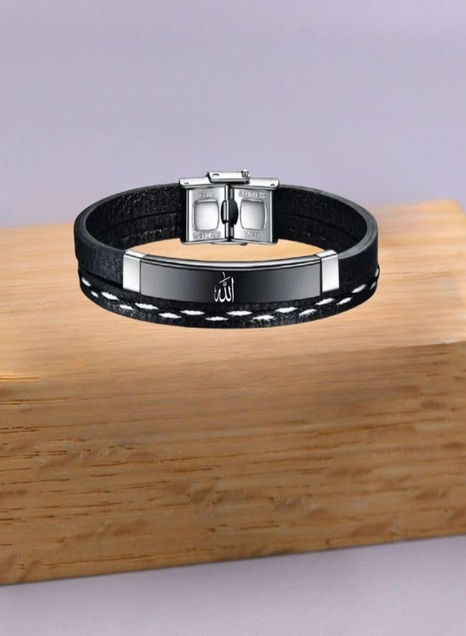 M Men Style Allah Leather Layered Bracelets for Mens Women Buckle Clasp Genuine Bracelet Wristband Vintage Cuff Jewelry Friendship Couple Black SBr2025175 - Image 4