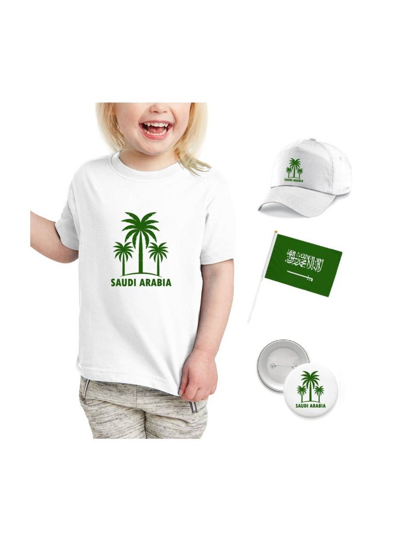 Saudi National Day T Shirt for Girls, Cap, Badge, Flag Set Celebrate Pakistan Saudi National Day with this Kids Combo Pack in Style - Image 1