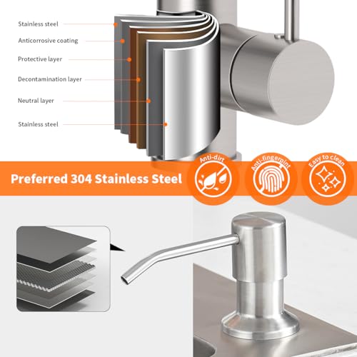 OWOFAN Kitchen Sink Faucet with Soap Dispenser, Kitchen Faucet with Pull Down Sprayer Stainless Steel Single Handle High Arc Pull Out Brushed Nickel Faucet for Bar Laundry RV Utility Sink - Image 5
