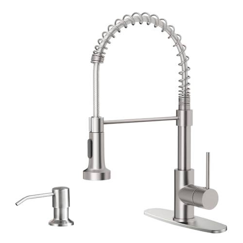 OWOFAN Kitchen Sink Faucet with Soap Dispenser, Kitchen Faucet with Pull Down Sprayer Stainless Steel Single Handle High Arc Pull Out Brushed Nickel Faucet for Bar Laundry RV Utility Sink - Image 1