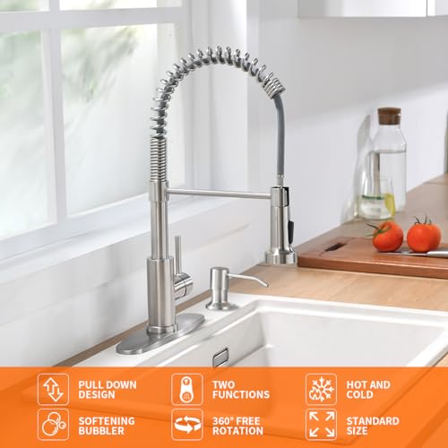 OWOFAN Kitchen Sink Faucet with Soap Dispenser, Kitchen Faucet with Pull Down Sprayer Stainless Steel Single Handle High Arc Pull Out Brushed Nickel Faucet for Bar Laundry RV Utility Sink - Image 2