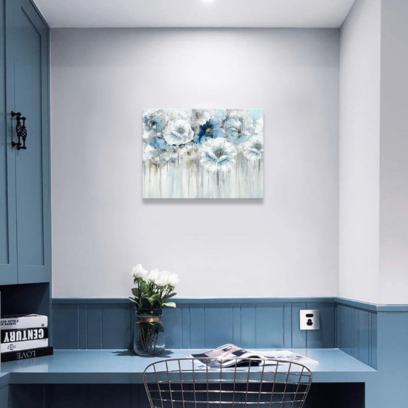 Woxfcart Bathroom Flowers Canvas Wall Art, Blue and White Floral Pictures for Gray Bedroom Powder Room Decoration 15 x 12 In - Image 2