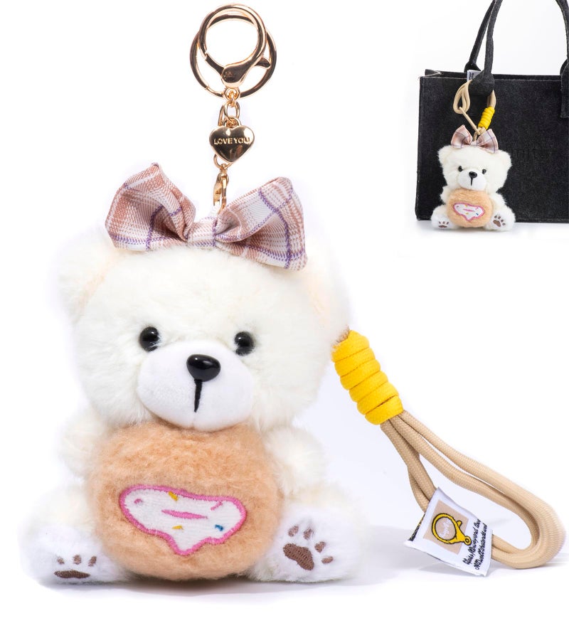 YILANFULL Cute Plush Keychains for Backpack,Bow Bear Key Chain Bag Charm,Off White Keychain Purse Charm Pendant Gift for Women - Image 1