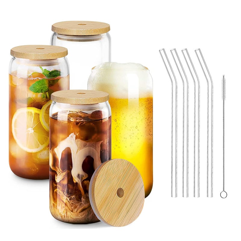 ABOUT SPACE Can Shaped Glass 550 ml 4pcs Drinking Glass with Bamboo LidsSealing RingGlass StrawCleaning BrushTemperature Resistant Glass Tumbler Cups for BeerCoffeeSmoothieCocktailWhiskey - Image 1