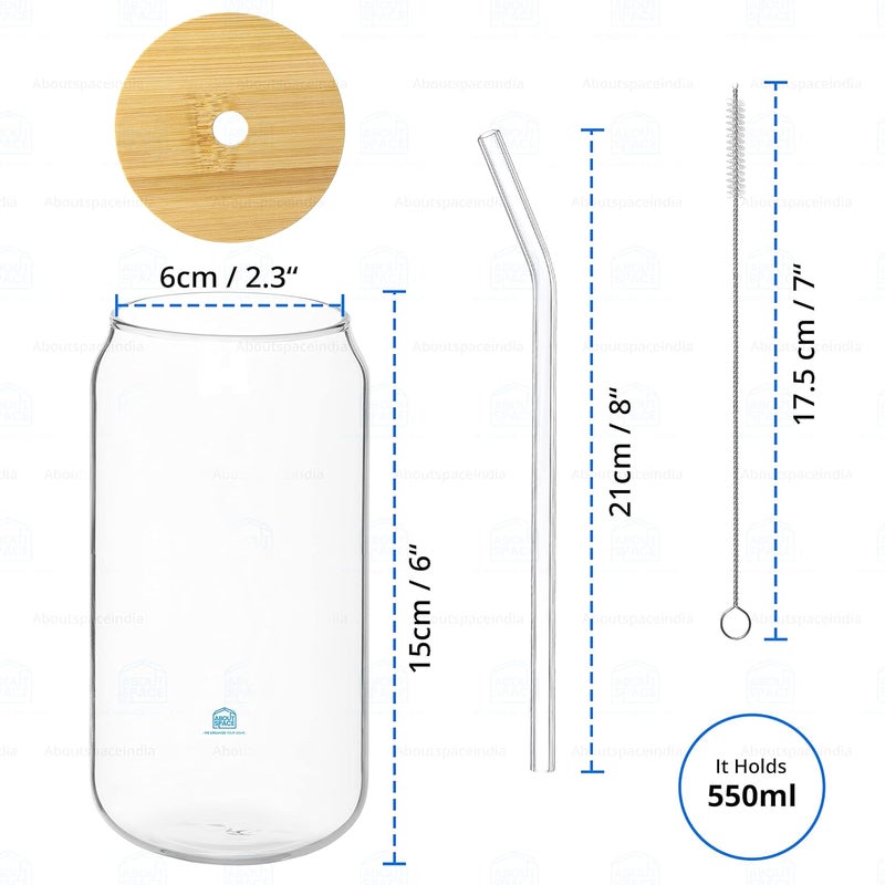 ABOUT SPACE Can Shaped Glass 550 ml 4pcs Drinking Glass with Bamboo LidsSealing RingGlass StrawCleaning BrushTemperature Resistant Glass Tumbler Cups for BeerCoffeeSmoothieCocktailWhiskey - Image 2