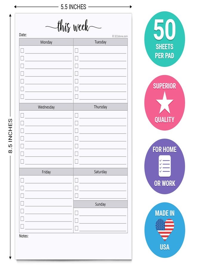 321Done Weekly Checklist Notepad - 50 Sheets (5.5" x 8.5") - This Week to Do Notepad Tear Off Planning Pad, Planner Checklist Organizing - Made in USA - Simple Script - Image 2