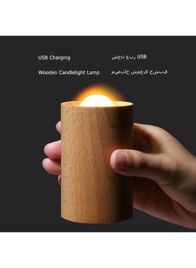 جنية مصباح شمعة إلكتروني خشبي LED، مصباح ليلي قابل للشحن من النوع C، مناسب للمطاعم والمقاهي والمنتجعات الصحية وتزيين الأجواء الاحتفالية (خشب الزان) - Image 1