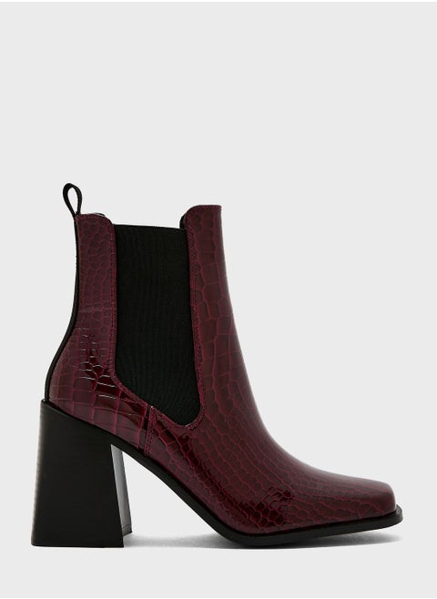 Block Heel Croc Effect Boot