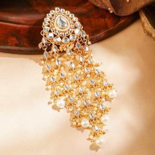 Rubans 18K Gold-Plated Kundan & Pearl Beads Studded Teardrop Motif Multilayer Hair Accessory for Women & Girls – Perfect for Bridal & Festive Looks - Image 3