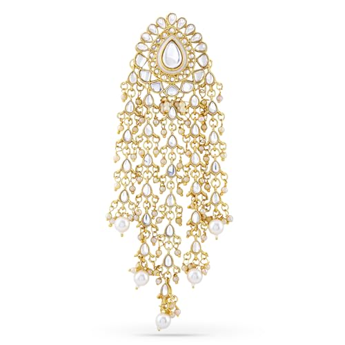 Rubans 18K Gold-Plated Kundan & Pearl Beads Studded Teardrop Motif Multilayer Hair Accessory for Women & Girls – Perfect for Bridal & Festive Looks - Image 1