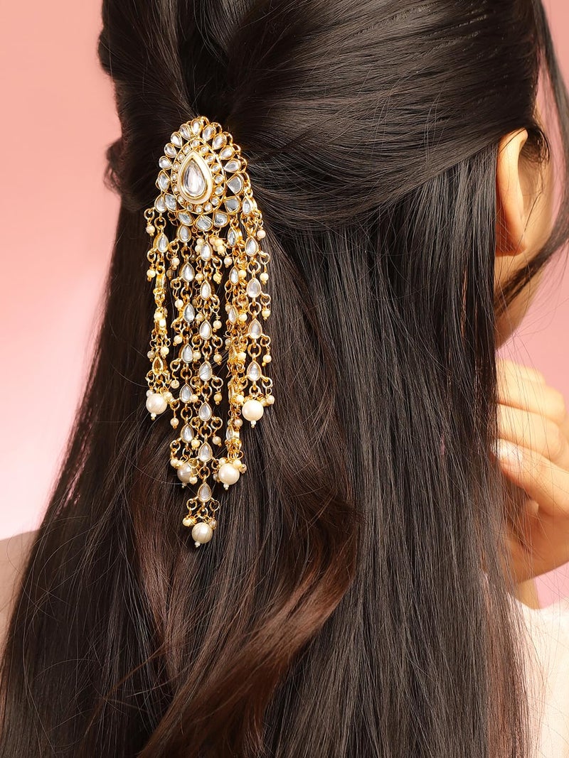 Rubans 18K Gold-Plated Kundan & Pearl Beads Studded Teardrop Motif Multilayer Hair Accessory for Women & Girls – Perfect for Bridal & Festive Looks - Image 2