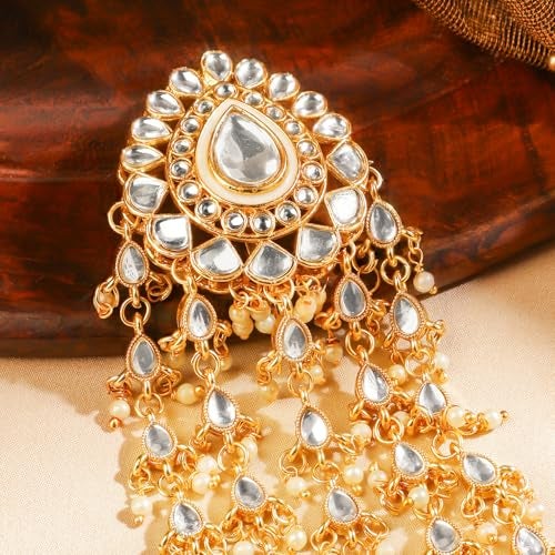 Rubans 18K Gold-Plated Kundan & Pearl Beads Studded Teardrop Motif Multilayer Hair Accessory for Women & Girls – Perfect for Bridal & Festive Looks - Image 4
