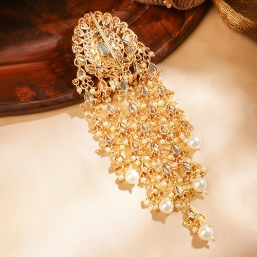 Rubans 18K Gold-Plated Kundan & Pearl Beads Studded Teardrop Motif Multilayer Hair Accessory for Women & Girls – Perfect for Bridal & Festive Looks - Image 5