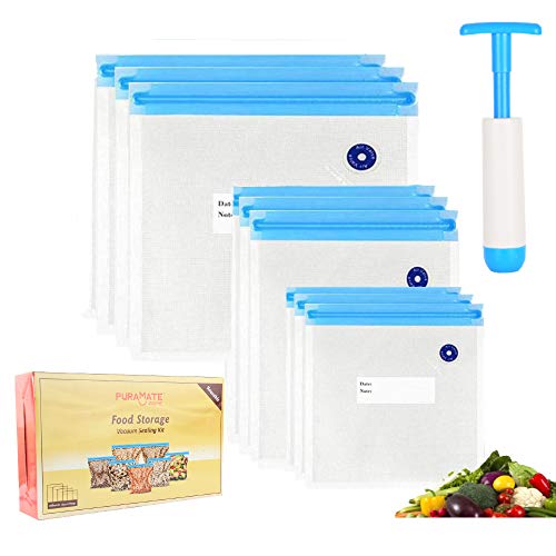 PURAMATE food grade plastic Reusable Vacuum Food Storage Bags/Sous Vide Bag Kit (Pack of 9) - 3 S(22 * 21 cm), 3 M(26 * 28 cm), 3 L(26 * 34 cm) with Vacuum Pump - Image 1