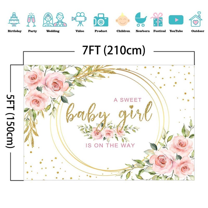 Mocsicka Floral Sweet Girl Baby Shower Backdrop It's a Girl Baby Shower Background Watercolor Pink Party Cake Table Decoration Photo Booth Props (7x5ft) - Image 3
