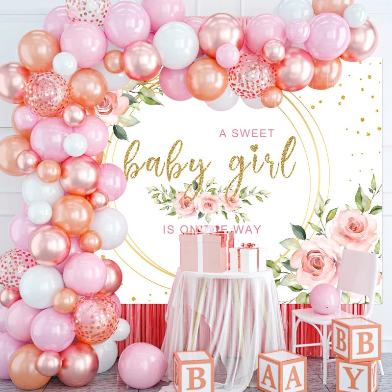 Mocsicka Floral Sweet Girl Baby Shower Backdrop It's a Girl Baby Shower Background Watercolor Pink Party Cake Table Decoration Photo Booth Props (7x5ft) - Image 2