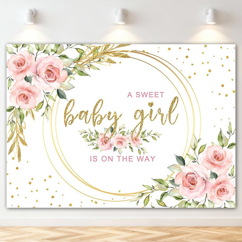 Mocsicka Floral Sweet Girl Baby Shower Backdrop It's a Girl Baby Shower Background Watercolor Pink Party Cake Table Decoration Photo Booth Props (7x5ft) - Image 1