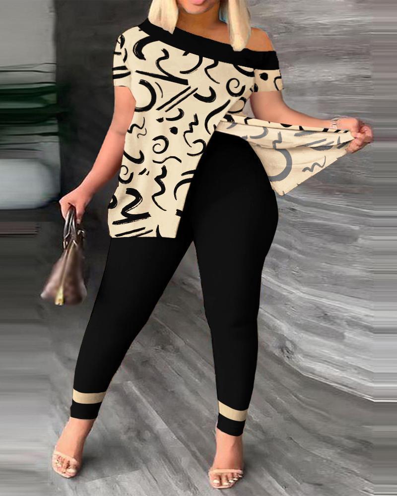 2026 Autumn European and American Women's Fashion Two-Piece Set with Slanted Neckline and Printed Pants