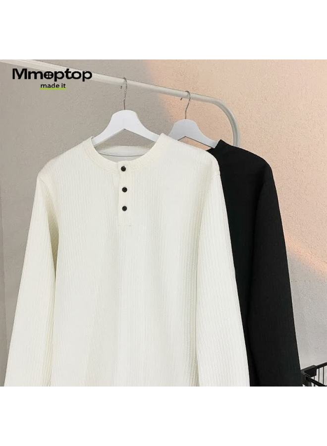 Mmoptop American Style Henry Collar Long Sleeve T-shirt Autumn Winter Men's Textured Solid Color Base Shirt Mtx20 White XL - Image 5