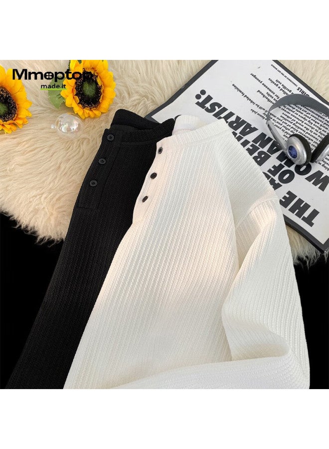 Mmoptop American Style Henry Collar Long Sleeve T-shirt Autumn Winter Men's Textured Solid Color Base Shirt Mtx20 White XL - Image 4