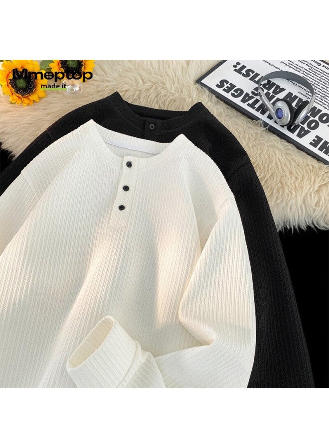Mmoptop American Style Henry Collar Long Sleeve T-shirt Autumn Winter Men's Textured Solid Color Base Shirt Mtx20 White XL - Image 3