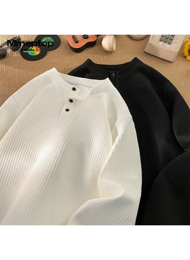 Mmoptop American Style Henry Collar Long Sleeve T-shirt Autumn Winter Men's Textured Solid Color Base Shirt Mtx20 White XL - Image 2