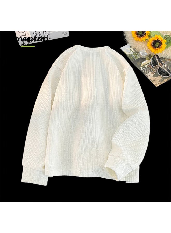 Mmoptop American Style Henry Collar Long Sleeve T-shirt Autumn Winter Men's Textured Solid Color Base Shirt Mtx20 White XL - Image 1
