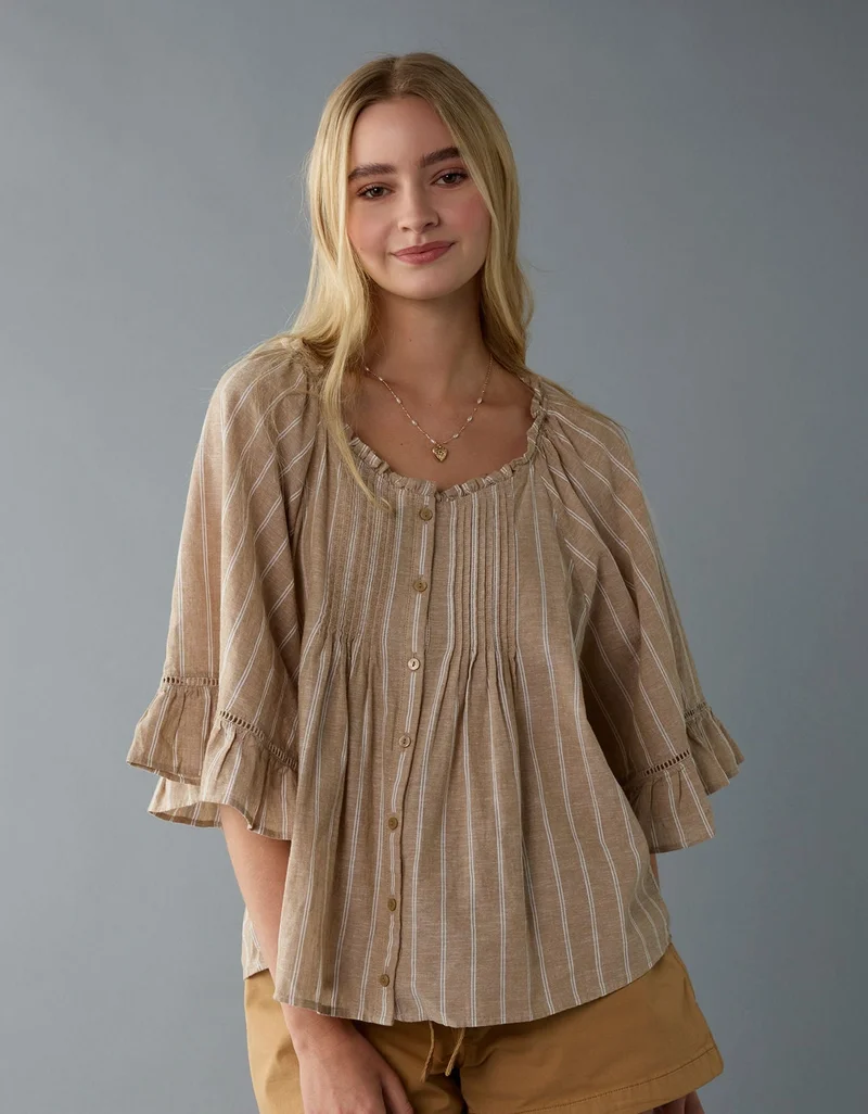 American Eagle AE Linen-Blend Ruffle Blouse