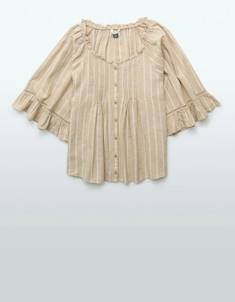 American Eagle  AE Linen-Blend Ruffle Blouse for Women | Best Price UAE