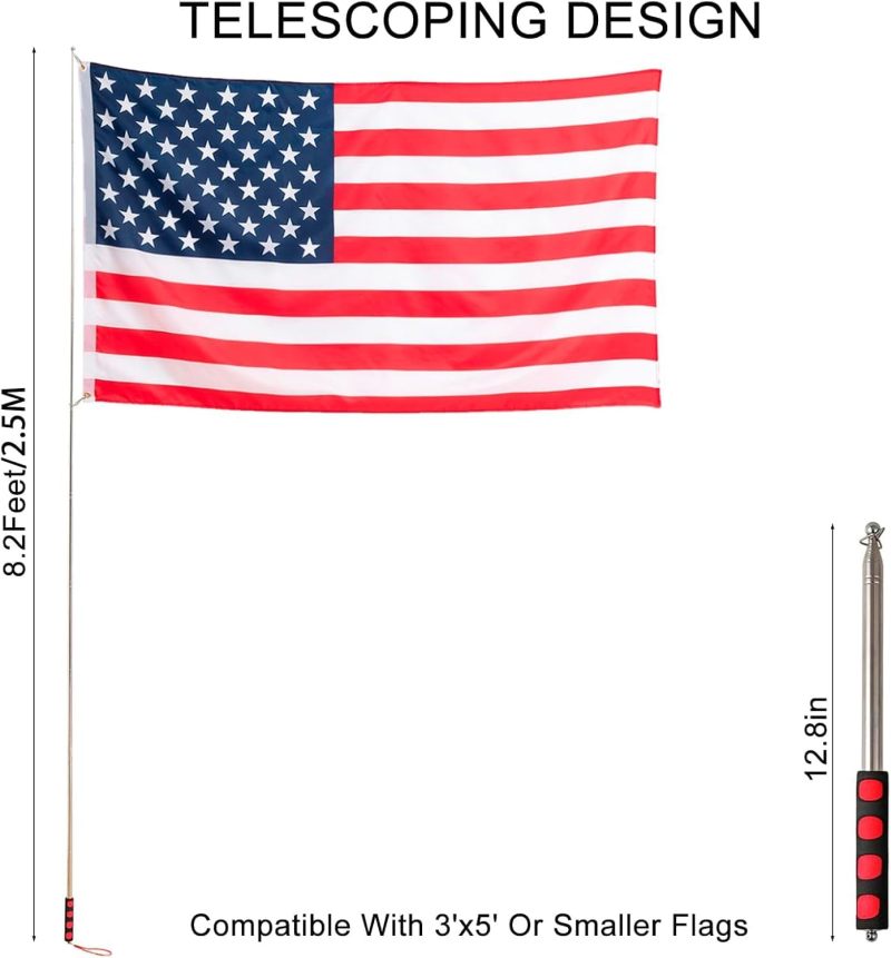 Telescopic Flagpole 8.2ft Adjustable Stainless Steel - Anti-Slip Sponge Grip Portable Flag Pole With 4 Clips for Tour Guides Educators Event Organizers - Image 2