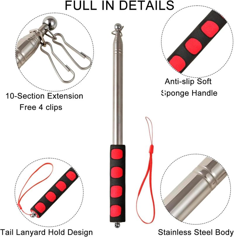 Telescopic Flagpole 8.2ft Adjustable Stainless Steel - Anti-Slip Sponge Grip Portable Flag Pole With 4 Clips for Tour Guides Educators Event Organizers - Image 3
