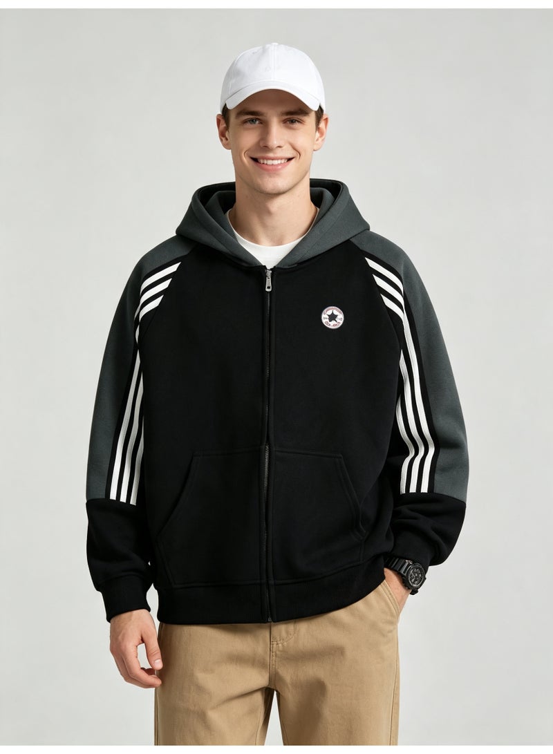 Converse men and women with matching color hooded striped raglan sleeve zipper jacket - Image 3