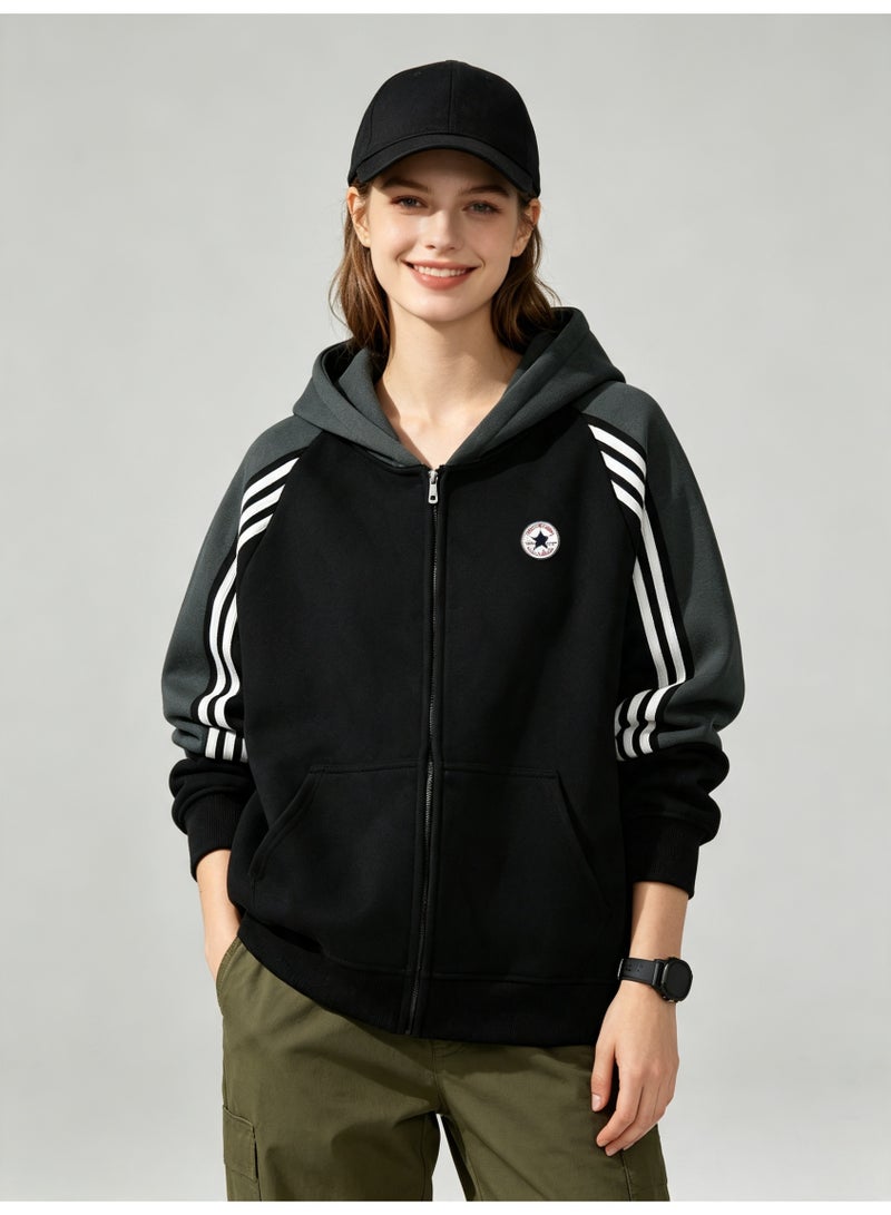 Converse men and women with matching color hooded striped raglan sleeve zipper jacket - Image 5