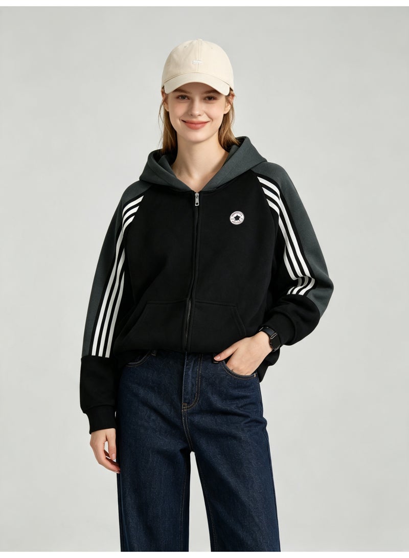 Converse men and women with matching color hooded striped raglan sleeve zipper jacket - Image 4