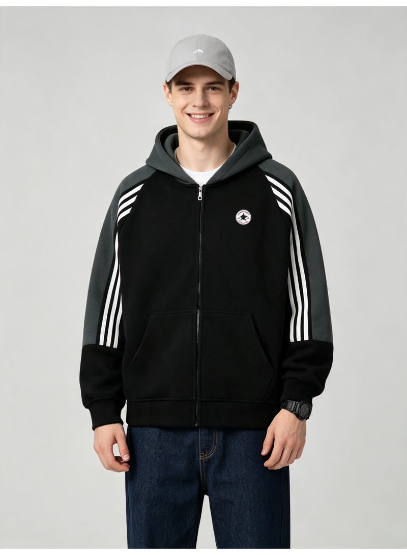 Converse men and women with matching color hooded striped raglan sleeve zipper jacket - Image 1