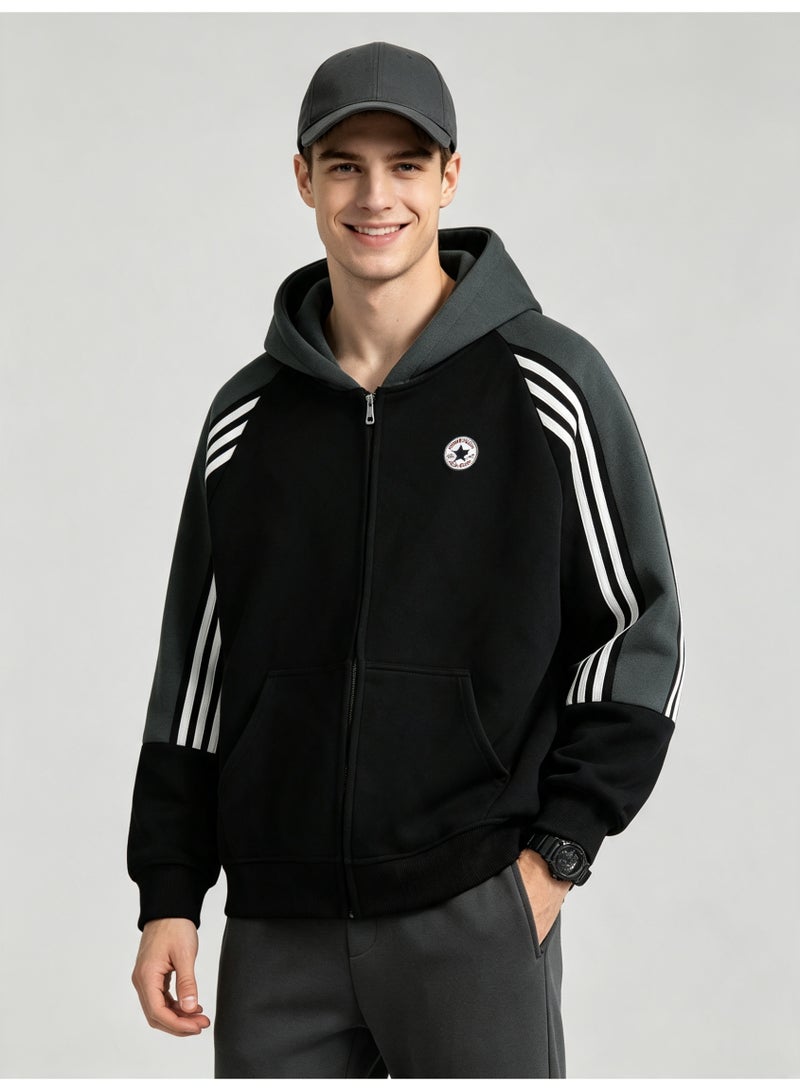 Converse men and women with matching color hooded striped raglan sleeve zipper jacket - Image 2