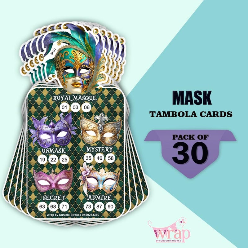 Suruchi Strokes Masquerade Theme Tambola Ticket | Carnival Circus Mask Kitty Party Birthday Housie Game (30 Ticket) - Image 3