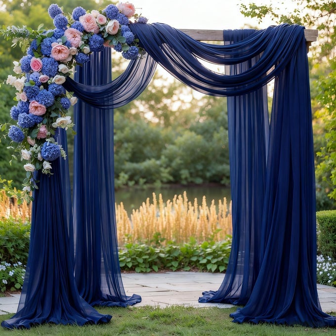 WEDDING ARCH DRAPING FABRIC 2 PANELS 6 YARDS NAVY BLUE SHEER BACKDROP CURTAIN WINDOW SCARF VALANCE FOR TABLE EVENT PARTY HOME DECORATIONS2 PANELS NAVY BLUE