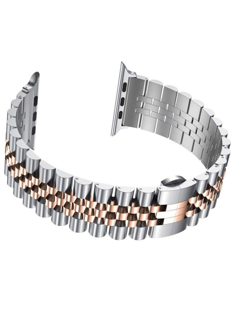 Replacement Band Compatible with Apple Watch 45mm / 44mm / 42mm, Stainless Steel Solid Strap Metal Bracelet for Apple Watch Series 7 6 5 4 3 2 SE (Silver + Rose Gold) - Image 3