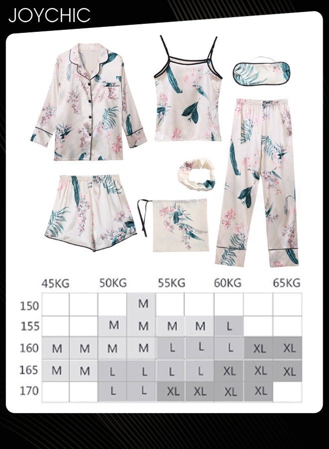 NIBEMINENT 7-piece Women Pajamas Set for All Seasons Long-sleeved Ice Silk Skin-friendly and Comfortable Bedroom Nightgown - Image 5