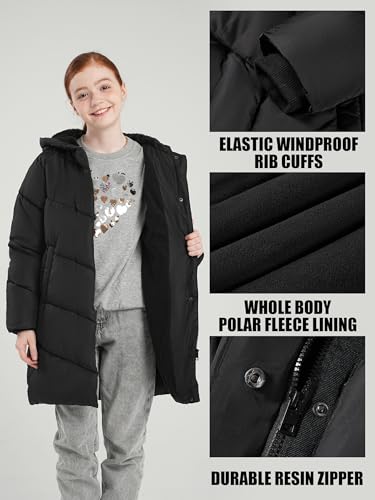 SOLOCOTE Girls Puffer Winter Coat - Hooded Fleece-Lined Water-Resistant Long Thick Warm Jacket Black 10 Years - Image 5