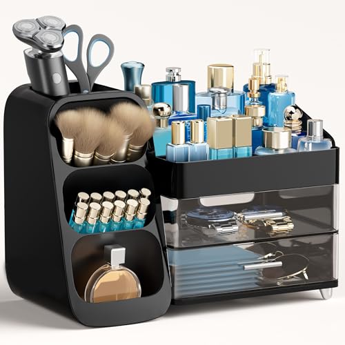 HBlife Cologne Organizer for Men Makeup Organizer with Brush Holder for Vanity Large Plastic Bathroom Countertop Organizer Skin Care Storage Fathers Day Gift for Dad Husband Black - Image 1