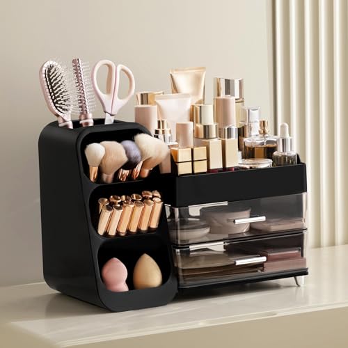 HBlife Cologne Organizer for Men Makeup Organizer with Brush Holder for Vanity Large Plastic Bathroom Countertop Organizer Skin Care Storage Fathers Day Gift for Dad Husband Black - Image 3