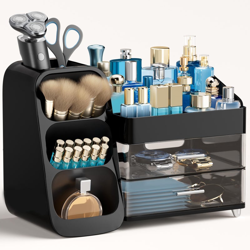 HBlife Cologne Organizer for Men Makeup Organizer with Brush Holder for Vanity Large Plastic Bathroom Countertop Organizer Skin Care Storage Fathers Day Gift for Dad Husband Black - Image 2
