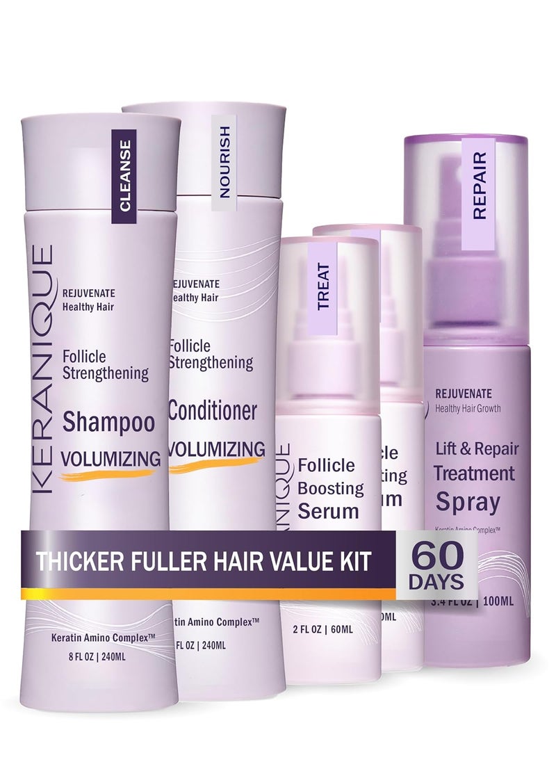 Keranique - Keranique Volumizing Set for Thinning Hair in Women - Thickening Shampoo, Conditioner, Follicle Booster Serum, Volumizing Spray with Keratin for Fine Texture Boost and Repair - Image 1