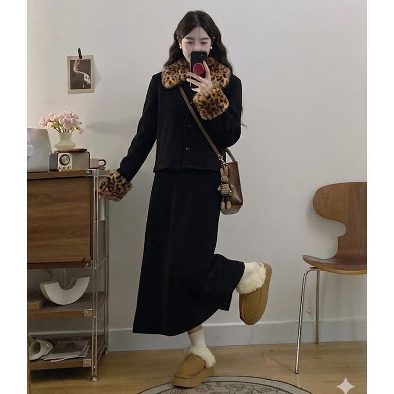 2025 Plus-Size 40-100kg Niche Leopard Print Fur Collar Coat Winter Fleece Retro Design Black Suit - Image 4