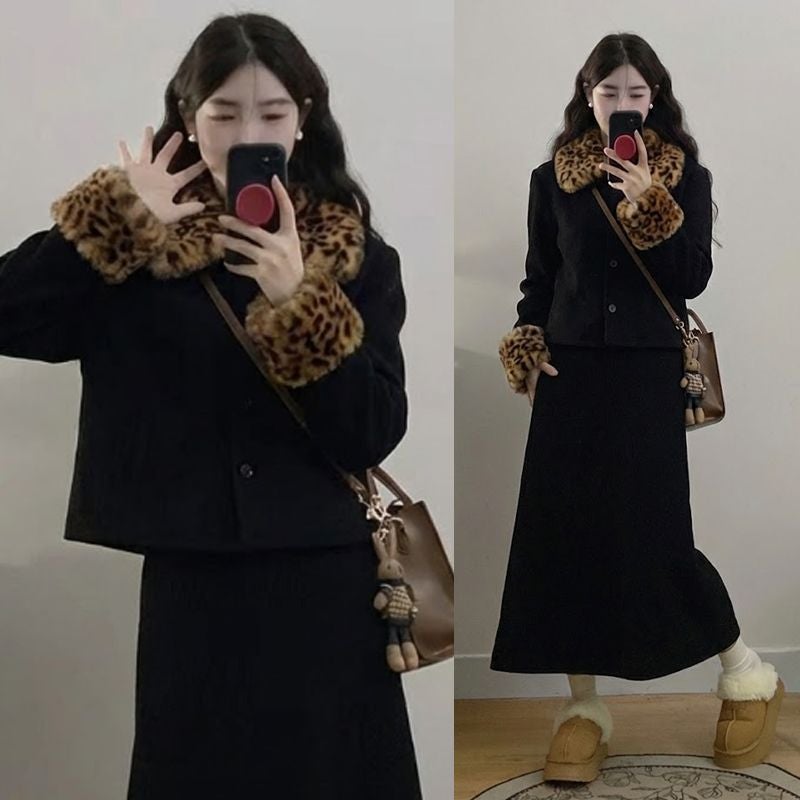 2025 Plus-Size 40-100kg Niche Leopard Print Fur Collar Coat Winter Fleece Retro Design Black Suit - Image 3