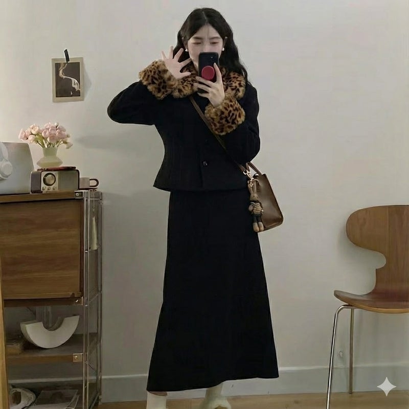 2025 Plus-Size 40-100kg Niche Leopard Print Fur Collar Coat Winter Fleece Retro Design Black Suit - Image 5